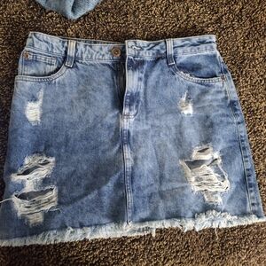 Trendy Blue Distressed Denim Mini Skirt